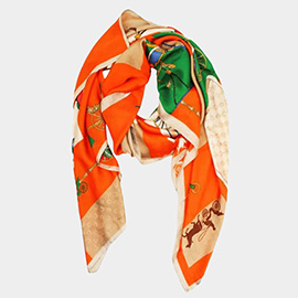 Elegant Carriage Printed Oblong Silky Satin Scarf Shawl