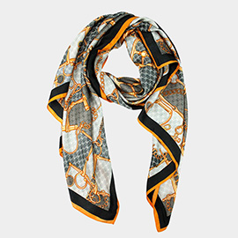 Equestrian Inspired Chain Bit Pattern Printed Oblong Silky Satin Scarf Shawl