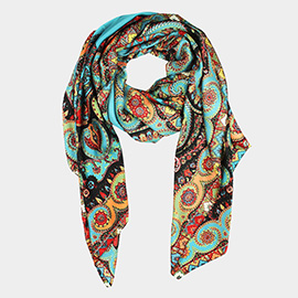 Ornate Boho Paisley Pattern Printed Oblong Silky Satin Scarf Shawl