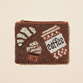 Coffee Croissant Muffin Sequin Seed Beaded Mini Pouch Bag