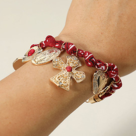 Chunky Religious Cross Heart Charm Station Fabric Chain Bracelet