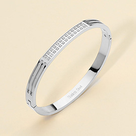 Stainless Steel Two-Row Stone Paved Bar Accent Hinged Bangle Bracelet