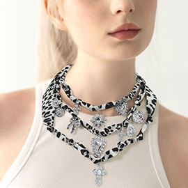 Pearl Cross Heart Bow Sun Cross Charm Station Leopard Fabric Chain Triple Layered Necklace