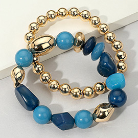 2PCS - Colorful Pebble Beaded Stretch Multi Layered Bracelets