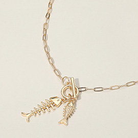Fishbone Charm Toggle Pendant Paper Clip Chain Necklace