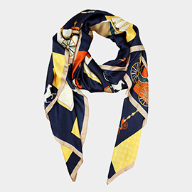 Classic Carriage Printed Oblong Silky Satin Scarf Shawl