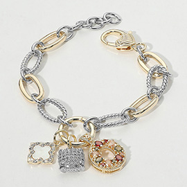 14K Gold Plated Two Tone CZ Stone Paved Mother of Pearl Quatrefoil Square Ring Charm Accent Bracelet