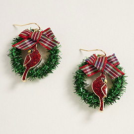 Holiday Bow Accnet Cardinal Wreath Dangle Earrings