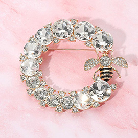 Rhinestone Paved Honey Bee Accent Glass Stone Cluster Circle Pin Brooch