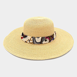 Wide Brim Chain Printed Silk Like Fabric Band Straw Hat
