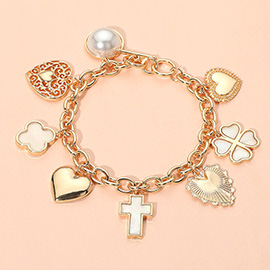 Metal Heart Pearl Clover Cross Charm Station Bracelet