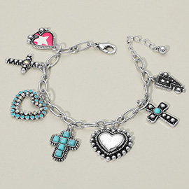 Western Cross Heart Charm Station Bracelet
