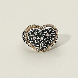Vintage Stone Paved Heart Filigree Stretch Ring