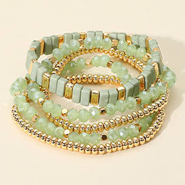 5PCS - Mixed Shape Textured Beaded Stretch Multi Layered Bracelets