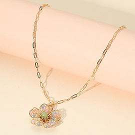 Beaded Flower Pendant Paperclip Chain Necklace