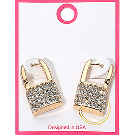 Gold Dipped Rhinestone Paved Lock Huggie Earrings
