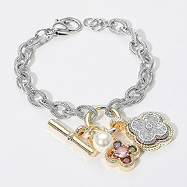 14K Gold Plated Two Tone CZ Stone Paved Quatrefoil Cluster Pearl Charm Accent Bracelet