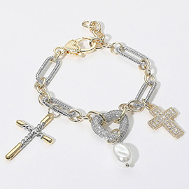 14K Gold Plate Two Tone CZ Stone Paved Cross Heart Pearl Charm Accent Mixed Link Chain Bracelet