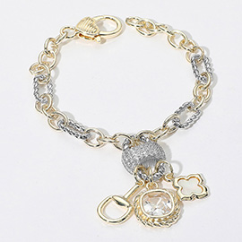 14K Gold Plated CZ Stone Mother of Pearl Clover Horsebit Charm Accent Mixed Chain Bracelet