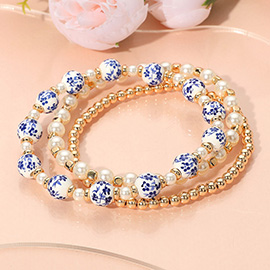 3PCS - Floral Ceramic Ball Pearl Metal Ball Beaded Stretch Stackable Multi Layered Bracelets
