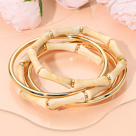 5PCS - Resin Bamboo Beaded Stretch Glossy Metal Bangle Stackable Multi Layered Bracelets