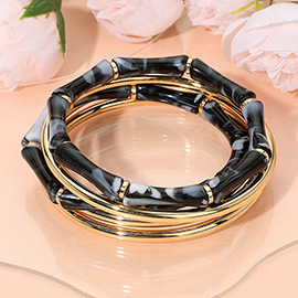 5PCS - Resin Bamboo Beaded Stretch Glossy Metal Bangle Stackable Multi Layered Bracelets