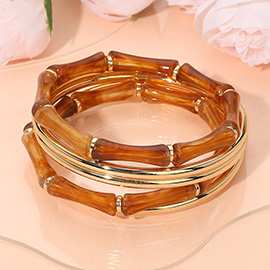 5PCS - Resin Bamboo Beaded Stretch Glossy Metal Bangle Stackable Multi Layered Bracelets