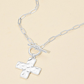 Hammered Brushed Metal Cross Pendant Toggle Necklace