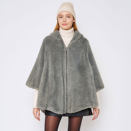 Faux Fur Zip-Up Hooded Cape Poncho