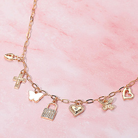 Gold Dipped Lock Butterfly Heart Cross Charm Station Necklace