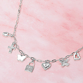 Silver Dipped Lock Butterfly Heart Cross Charm Station Necklace