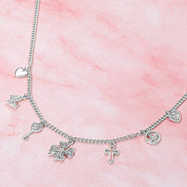 Silver Dipped Clover Heart Cross Key Charm Station Necklace