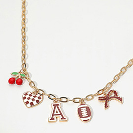 Football Theme Bow Cherry Heart Charm Station Necklace