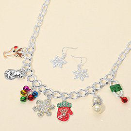 Christmas Mitten Reindeer Pearl Snowflake Charm Station Necklace