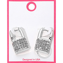Silver Dipped Rhinestone Paved Lock Huggie Earrings