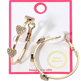 Gold Dipped Rhinestone Paved Heart Accent Hoop Earrings