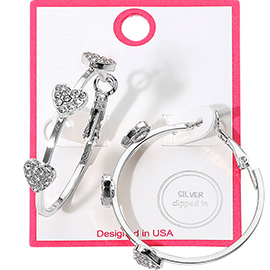 Silver Dipped Rhinestone Paved Heart Accent Hoop Earrings