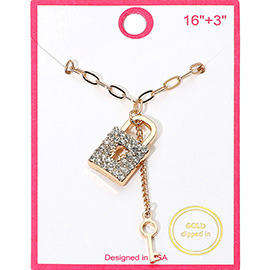 Gold Dipped Rhinestone Paved Lock And Key Pendant Paperclip Chain Necklace