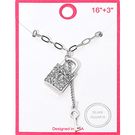 Silver Dipped Rhinestone Paved Lock And Key Pendant Paperclip Chain Necklace
