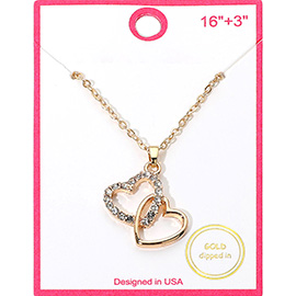 Gold Dipped Rhinestone Paved Layered Double Heart Pendant Necklace