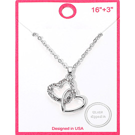 Silver Dipped Rhinestone Paved Layered Double Heart Pendant Necklace