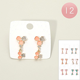 12Pairs - Rhinestone Accent Floral Drop Earrings