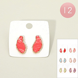 12Pairs - Textured Frame Organic Shape Stone Stud Earrings