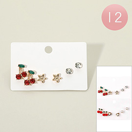 12 SET OF 3 - Cherry Flower Stone Pearl Stud Earring Set