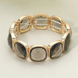 Round Square Faceted Gemstone Frame Beaded Stretch Bracelet