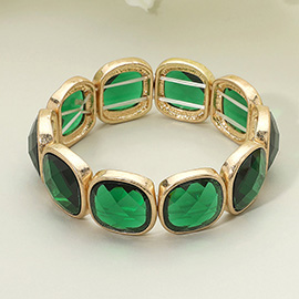 Round Square Faceted Gemstone Frame Beaded Stretch Bracelet