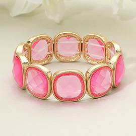 Round Square Faceted Gemstone Frame Beaded Stretch Bracelet