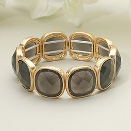 Round Square Faceted Gemstone Frame Beaded Stretch Bracelet