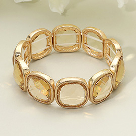 Round Square Faceted Gemstone Frame Beaded Stretch Bracelet