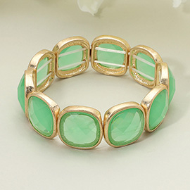 Round Square Faceted Gemstone Frame Beaded Stretch Bracelet
